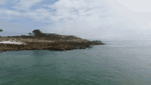 a large body of water surrounded by rocky shoreline and trees