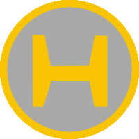 a yellow and gray circle with the letter h inside