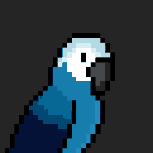 a pixel art of a blue parrot with a white head and black beak