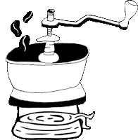 a black and white drawing of a coffee grinder with coffee beans falling out of it .