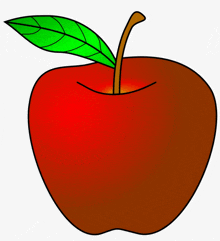 a red apple with a green leaf and a brown stem