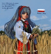 a girl in a traditional polish dress is standing in a field of wheat holding a bouquet of flowers .