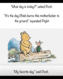 a cartoon of winnie the pooh sitting on a log with piglet