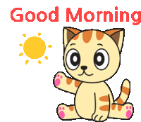 a cartoon cat is sitting in front of a sun and says good morning