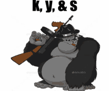 a gorilla is holding a gun and wearing a fedora and a hat