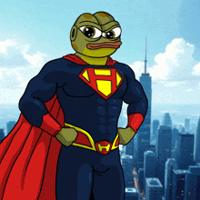 a cartoon of a frog dressed as superman with the letter h on his belt