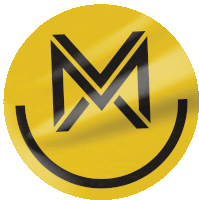 a yellow circle with a black letter m and a smile