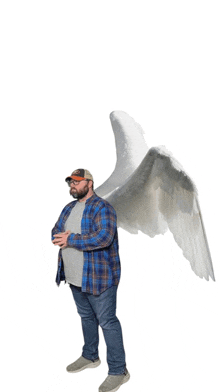 a man wearing a plaid shirt and a baseball cap has angel wings