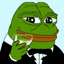 a green frog wearing a tuxedo is holding a glass of wine