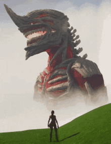 a man stands in front of a giant monster with horns