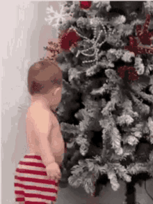 a baby is standing in front of a christmas tree without a shirt on .