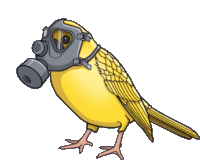 a yellow bird is wearing a gas mask