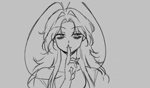 a black and white drawing of a girl with long hair holding her finger to her lips .