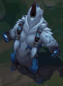 a polar bear in a video game with its mouth open and the letter k on its shoulder