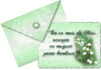 a green envelope with a card that says en ce mois de mai accepte ce muguet porte bonheur