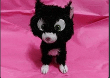 a black and white stuffed cat is sitting on top of a pink cloth .