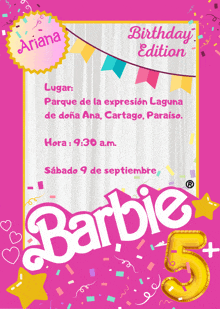 a pink barbie birthday edition invitation for ariana 's 5th birthday