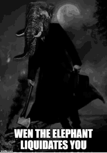 a man with an elephant 's head is holding a shovel and a briefcase .