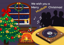 an illustration of a christmas tree and fireplace with the words we wish you a merry muzikale christmas