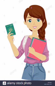 an illustration of a girl holding a book and a passport