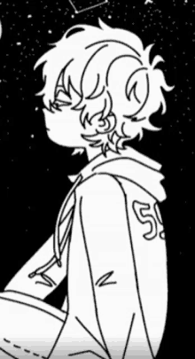 a black and white drawing of a person wearing a hoodie with the number 5 on it