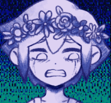 a pixel art of a girl with a flower crown on her head crying