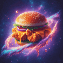 a chicken sandwich is floating in space with a galaxy in the background