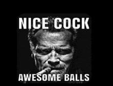 a black and white photo of arnold schwarzenegger with the words `` nice cock awesome balls '' written on it .