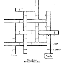 a black and white maze with the words plan of maze 14 unit t-alley maze at the bottom