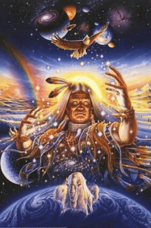 a painting of a native american chief with a eagle flying over his head and a rainbow in the background .