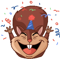 a cartoon drawing of a squirrel wearing a party hat and confetti