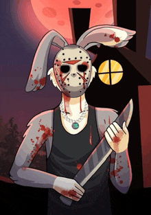 a cartoon drawing of a rabbit wearing a jason voorhees mask holding a bloody knife