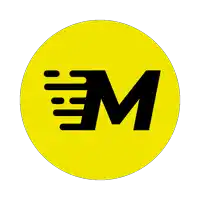 a yellow circle with a black letter m in the center