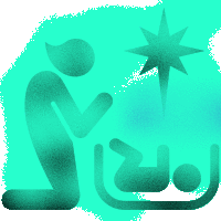 a silhouette of a person praying next to a baby with a star in the background