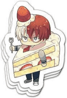 a sticker of todoroki holding a slice of cake with a strawberry on top .