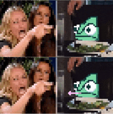 a pixelated image of two women and a green frog with the letter o on its face