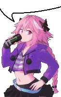 a girl with pink hair and a purple jacket drinking a monster energy drink