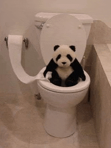 a stuffed panda bear is sitting on a toilet with a roll of toilet paper attached to the seat .