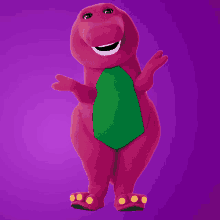 a purple dinosaur with a green tail and yellow toes is standing on a purple background