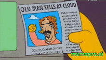 a cartoon character holding a newspaper that says " old man yells at cloud "