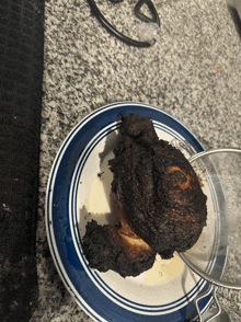 a blue and white plate with a piece of burnt meat on it