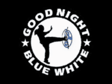 a logo for good night blue white with a person kicking a ball in a circle .