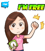 a cartoon of a girl holding a clock and the words i 'm free