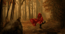 a painting of little red riding hood in the woods with a wolf