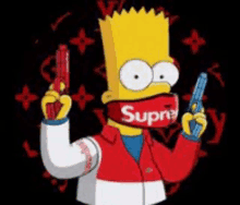 bart simpson is wearing a supreme mask and holding guns .