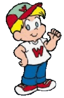 a cartoon boy wearing a hat and a white shirt with the letter w on it is waving .