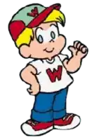 a cartoon boy wearing a hat and a white shirt with the letter w on it is waving .