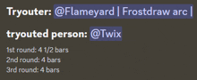 a screenshot of a twitter account that says tryouter @flameyard frostdraw arc