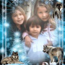 a group of children are standing next to each other in a frame with wolves .