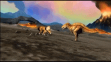 a cartoon of two dinosaurs fighting in a desert